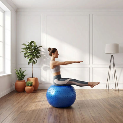 Swiss Ball Nila 65 cm à picots massant - femme assis sur ballon dans son salon Renforce muscles et coordination - Soiflex