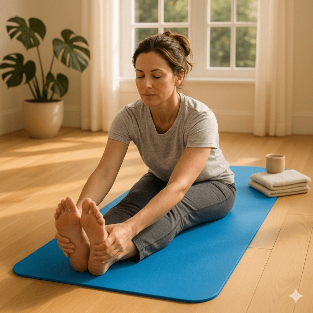 Tapis de gym VIF 10 mm antidérapant et confortable - femme fait etirement sur tapis Soiflex