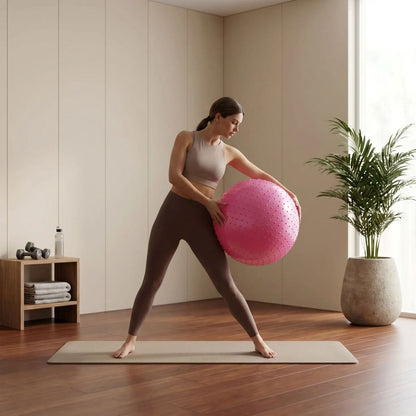 Swiss Ball Nila 65 cm à picots massant -femme debout dans son salon avec ballon dans les mains Renforce muscles et coordination - Soiflex