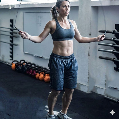 Corde a sauter Bond noire avec poignées en aluminium et câble gainé femme saute a la corde dans gym exterieur- Soiflex