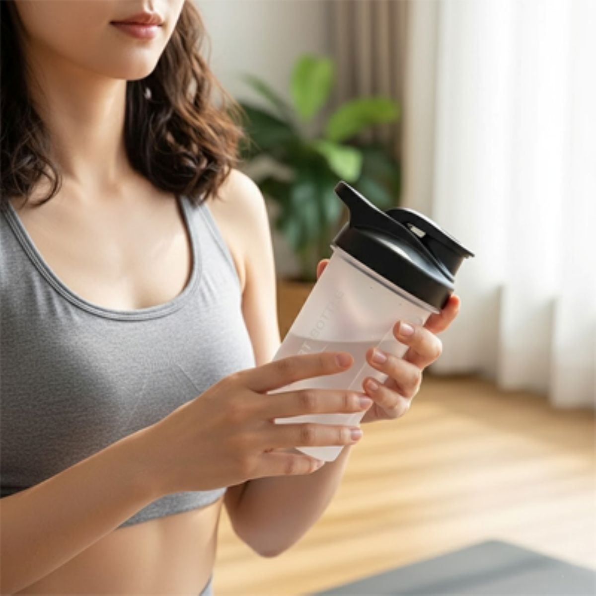 Shaker Protéines 300 ml avec Boule de Mélange - femme boit son shake dans son salon- Soiflex