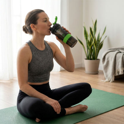 Shaker Protéine 500ml avec Boule de Mélange –)femme boit son shake sur son tapis de yoga - Soiflex