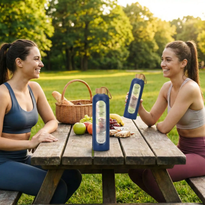 Gourde à eau en verre 1 L – Écologique et pratique pour maison -deux femme au parc avec leur gourde Soiflex