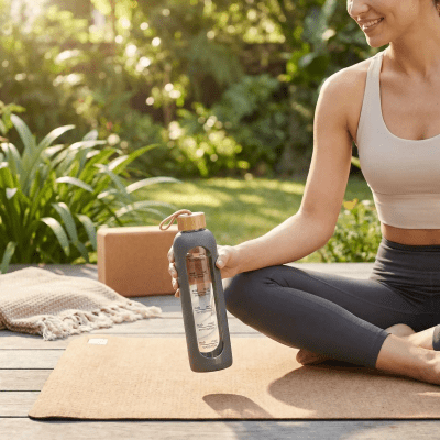Gourde à eau en verre 1 L – Écologique et pratique pour maison -femme assis en indien dehors avec sa gourde pres d'elle Soiflex