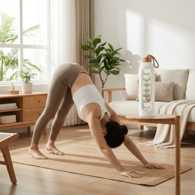 Gourde à eau en verre 1 L – Écologique et pratique pour maison -femme en planche avec sa gourde pres d'elle Soiflex