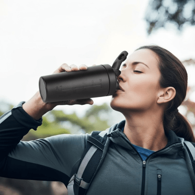 Gourde Shaker Onder 750 ml – Léger et idéal pour activité physique - femme boit a meme sa gourde noir Soiflex