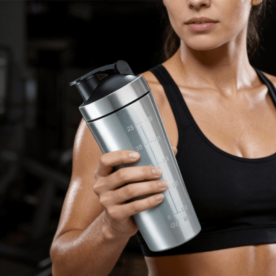 Gourde Shaker Onder 750 ml – Léger et idéal pour activité physique - une main tient gourde shaker grise Soiflex