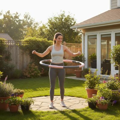 Hula hoop Kozy – Léger et pratique pour fitness maison - femme dans sa cour arriere avec son hula hoop Soiflex