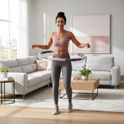 Hula hoop Kozy – Léger et pratique pour fitness maison - femme au salon avec son hula hoop Soiflex