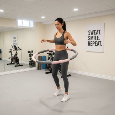 Hula hoop Kozy – Léger et pratique pour fitness maison -femme dans salle avec son hula hoop Soiflex