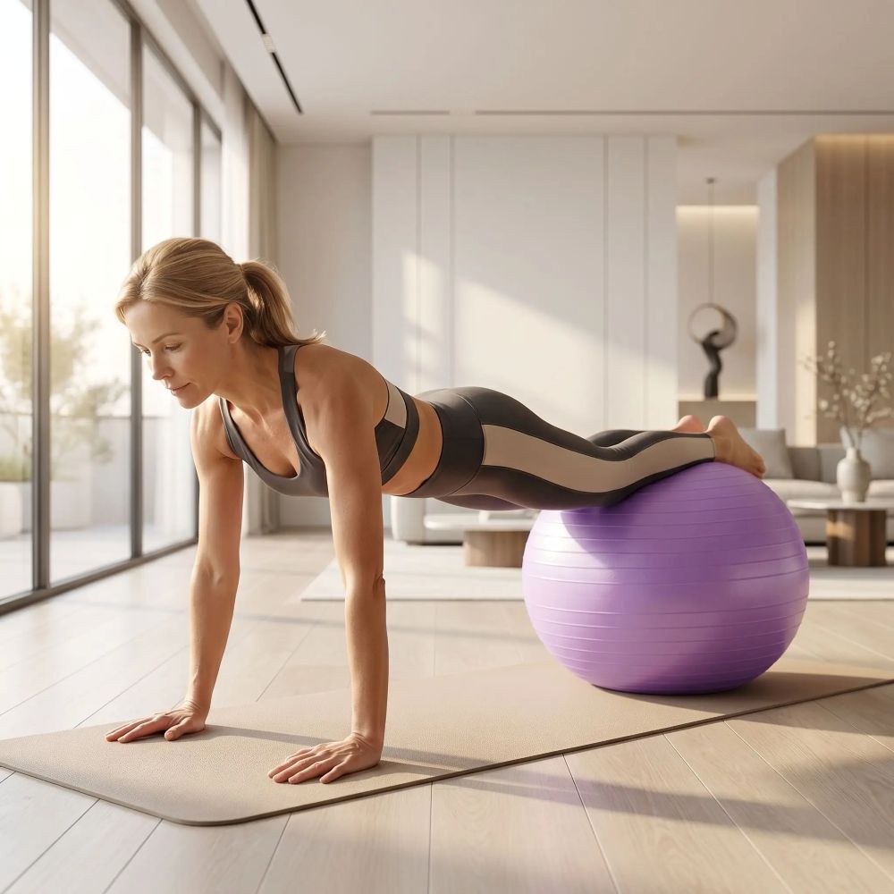 swiss ball aria 55 cm femme en planche sur swiss ball mauve